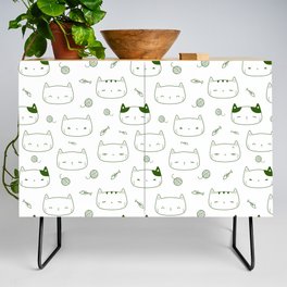 Green Doodle Kitten Faces Pattern Credenza
