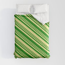 [ Thumbnail: Green & Tan Colored Stripes Pattern Comforter ]