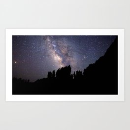 nebula starry sky rocks stars silhouette Art Print