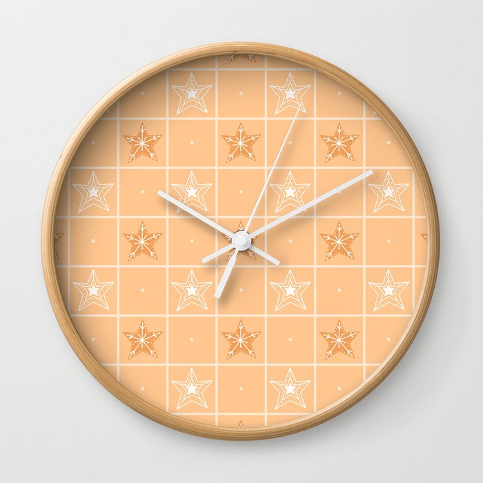 Checked Christmas Seamless Pattern with Gingerbread Cookies, Stars on Yellow Background, Sweet Winter  Wall Clock