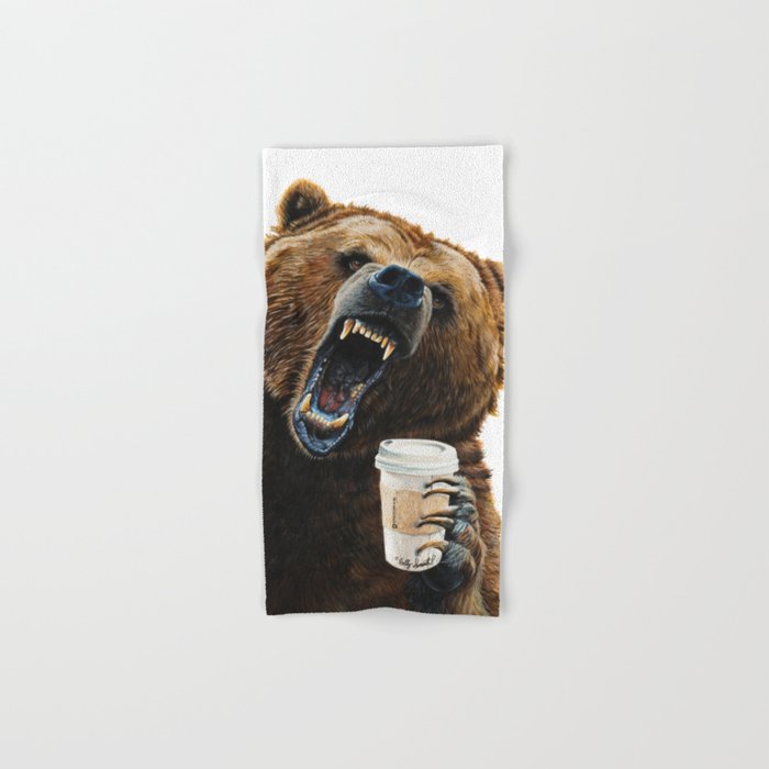 " Grizzly Mornings " give that bear some coffee Hand & Bath Towel