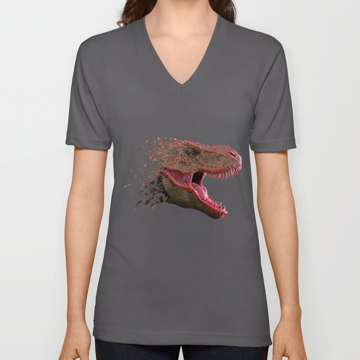 Tyrannosaurus T-Rex Dinosaur Skull Dissolving Teeth V Neck T Shirt