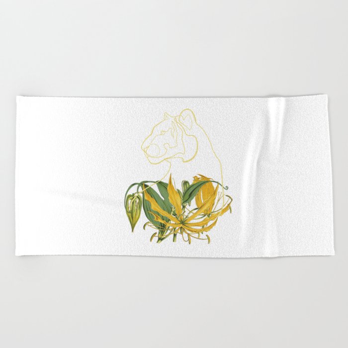 Yellow Lily Line Art Turned Tiger Head Beach Towel