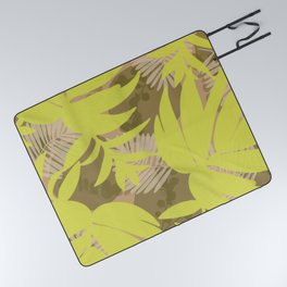 Tropical leaves layered pattern in mustard yellow  Picnic Blanket