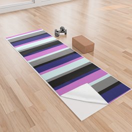[ Thumbnail: Eye-catching Midnight Blue, Orchid, Light Cyan, Gray, and Black Colored Stripes/Lines Pattern Yoga Towel ]