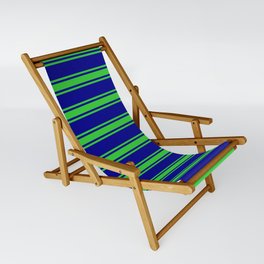[ Thumbnail: Dark Blue and Lime Green Colored Stripes/Lines Pattern Sling Chair ]