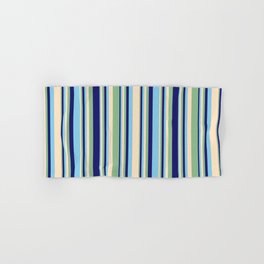 [ Thumbnail: Bisque, Dark Sea Green, Midnight Blue, and Sky Blue Colored Stripes Pattern Hand & Bath Towel ]