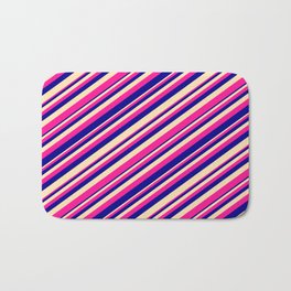 [ Thumbnail: Deep Pink, Dark Blue & Beige Colored Lined Pattern Bath Mat ]