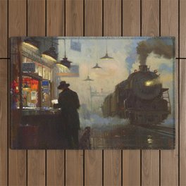 Midnight, The Night Train railway station cityscape - landscape painting by Lionel Walden Outdoor Rug