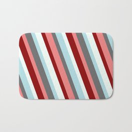 [ Thumbnail: Powder Blue, Dim Gray, Light Coral, Dark Red & Mint Cream Colored Stripes/Lines Pattern Bath Mat ]