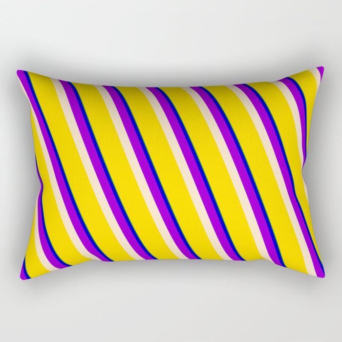 Vibrant Green, Blue, Dark Violet, Bisque & Yellow Colored Striped Pattern Rectangular Pillow
