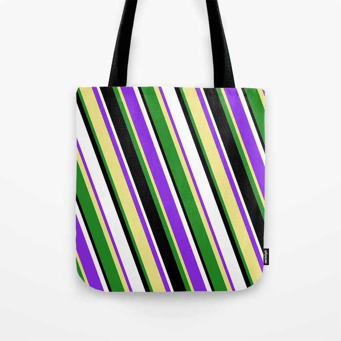 Purple, Tan, Forest Green, Black, and White Colored Lined/Striped Pattern Tote Bag