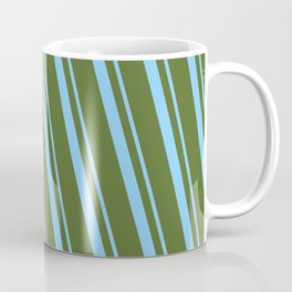 [ Thumbnail: Light Sky Blue and Dark Olive Green Colored Lined/Striped Pattern Coffee Mug ]