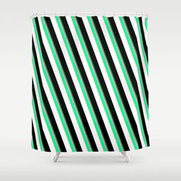 [ Thumbnail: Colorful Forest Green, Plum, Green, White, and Black Colored Lines Pattern Shower Curtain ]