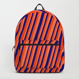 [ Thumbnail: Blue, Red & Coral Colored Lines/Stripes Pattern Backpack ]