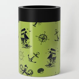 Light Green And Blue Silhouettes Of Vintage Nautical Pattern Can Cooler