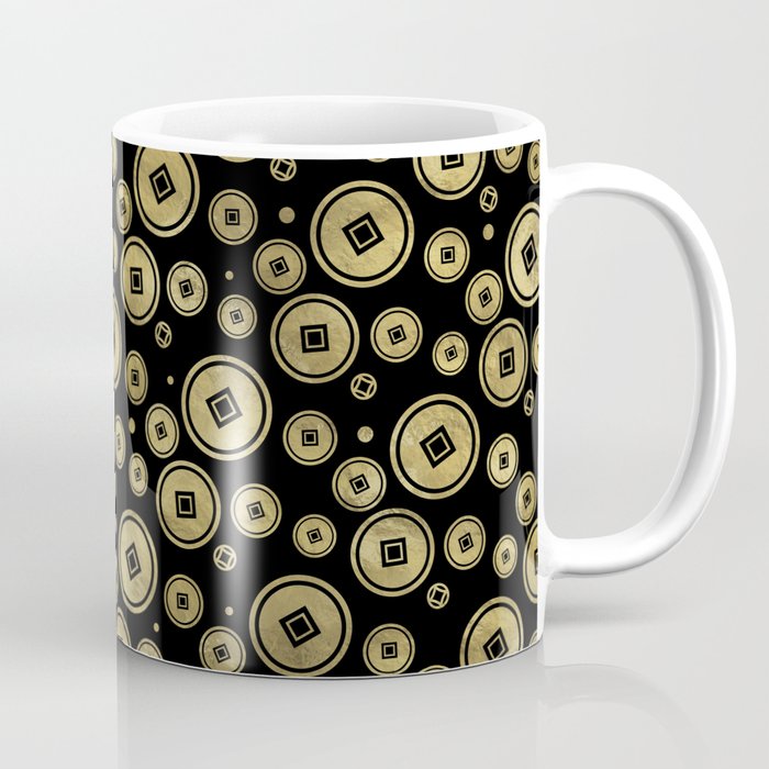 Chinese Coin Pattern Gold on Black Coffee Mug