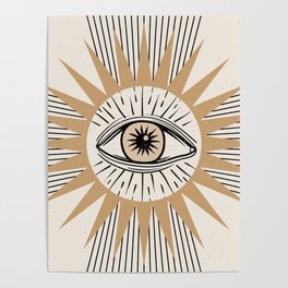 Mystical eye with sun and lines - minimal abstract geometric in black, cream and gold Poster
