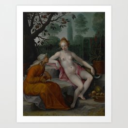 Follower of Abraham Bloemaert - Vertumnus and Pomona (1605) Art Print | Netherlands, Mythology, Abrahambloemaert, Dutch, Painting, Oil, Vertumnus, Legend, Greek, Pomona 