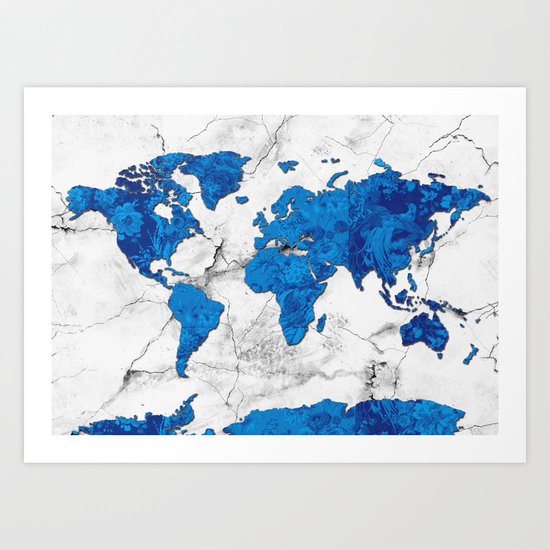 world map marble floral Art Print