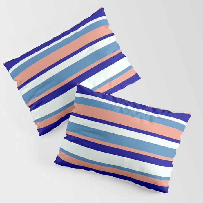 Blue, Dark Salmon, Dark Blue & Mint Cream Colored Stripes Pattern Pillow Sham