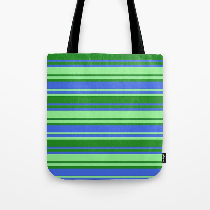 Forest Green, Royal Blue & Light Green Colored Striped Pattern Tote Bag