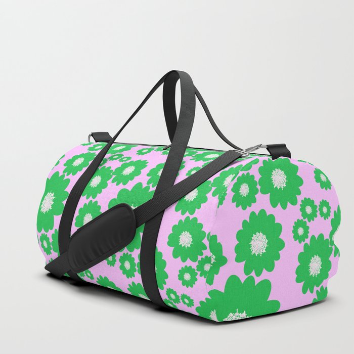 Retro Modern 70’s Green Flowers On Pink Duffle Bag
