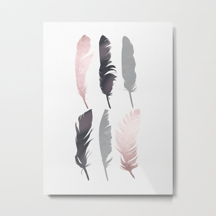 Grey And Pink Feathers Digital Art Metallic Metal Print By Anne Marieart