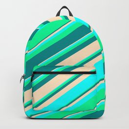 [ Thumbnail: Green, Dark Cyan, Bisque, and Aqua Colored Pattern of Stripes Backpack ]