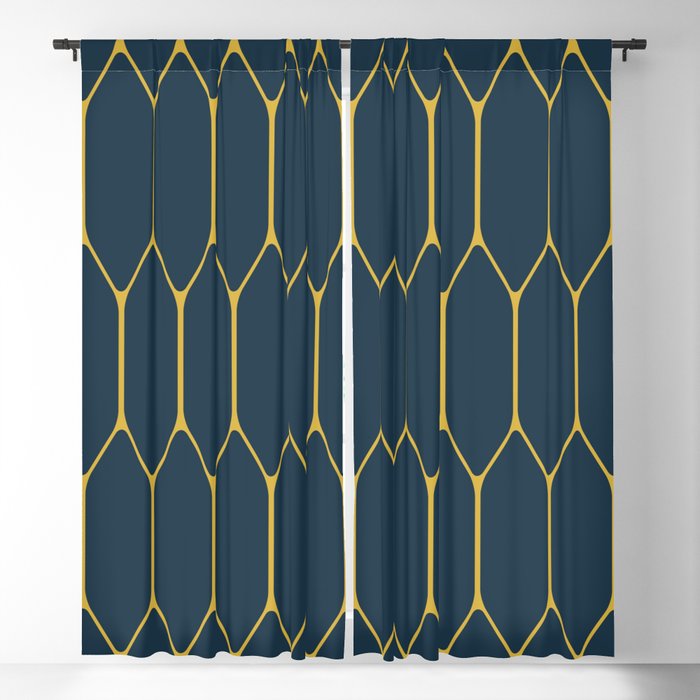 Long Honeycomb Minimalist Geometric Pattern in Light Mustard and Navy Blue Blackout Curtain