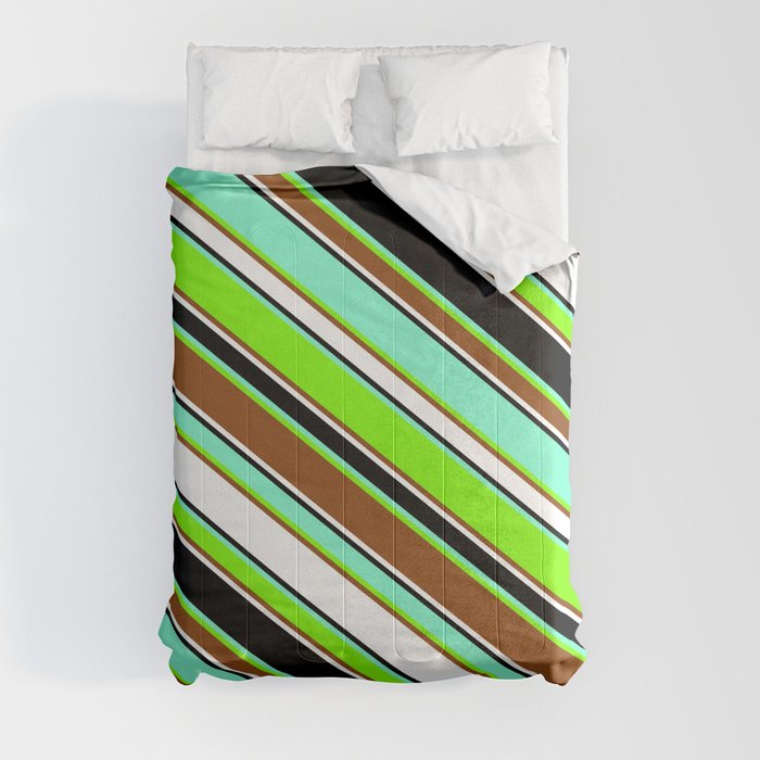 Aquamarine, Chartreuse, Brown, White, and Black Colored Striped/Lined Pattern Comforter