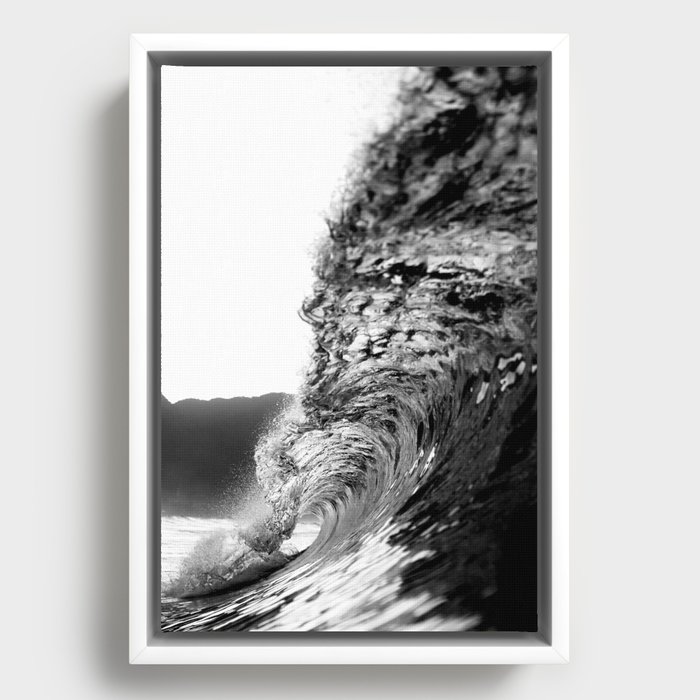 Aqua chrome a-frame wave surfing tunnel ocean portrait art black and white photograph / photography Framed Canvas