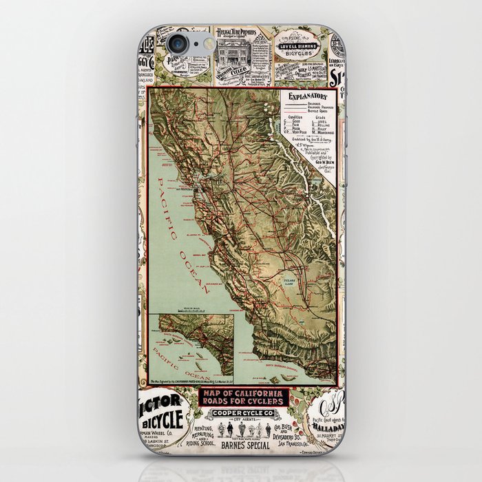 California-Roads map for cyclers-United States-1895 vintage pictorial map-pictorial illustration-drawing iPhone Skin