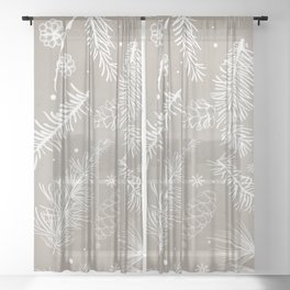 Beige and white Christmas pattern snowflakes, pine trees, fir Sheer Curtain