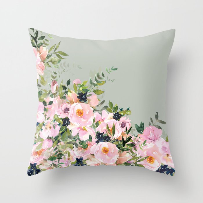 Floral Watercolor, Roses, Green and Pink Throw Pillow