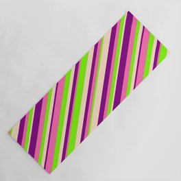 [ Thumbnail: Purple, Hot Pink, Green & Bisque Colored Lined Pattern Yoga Mat ]