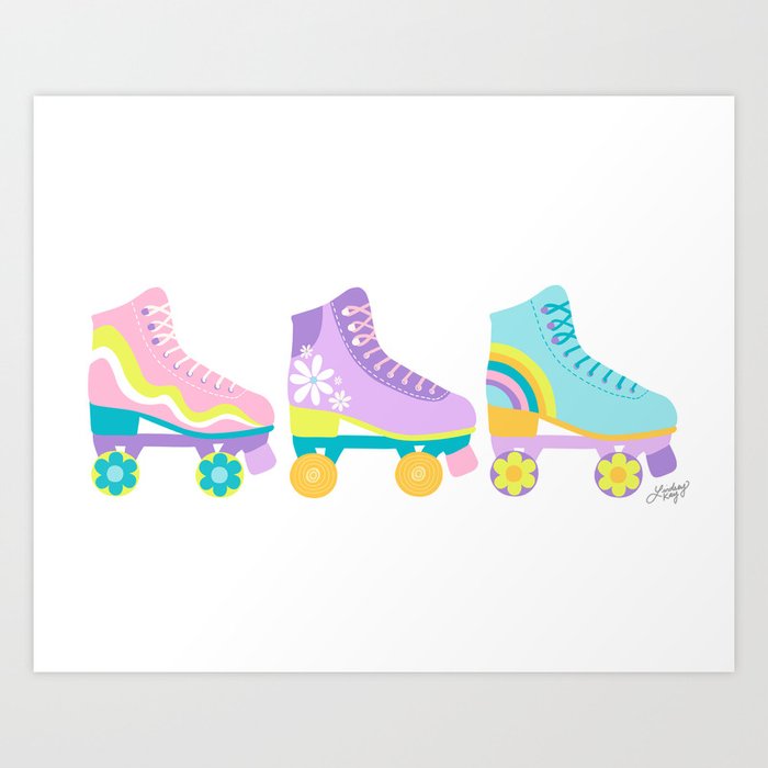 Three Retro Roller Skates (Neon/Pastel Palette) Art Print