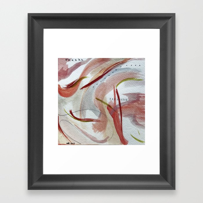 Lightly: an abstract mixed media piece in pinks, green, red, black and white Framed Art Print