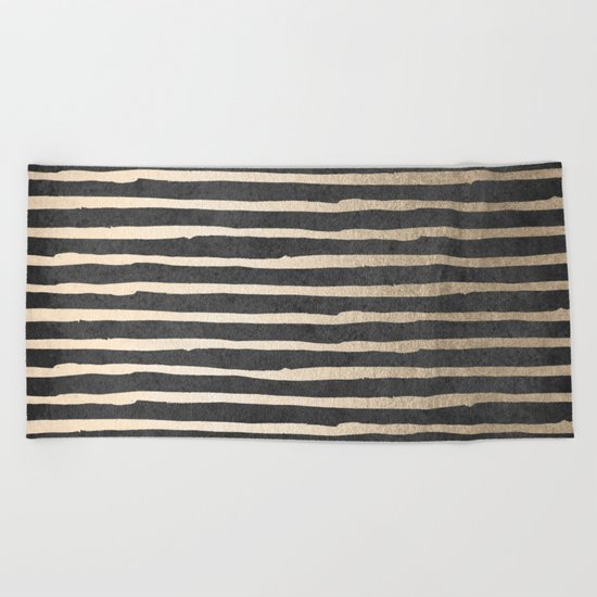 White Gold Sands Thin Stripes on Black Beach Towel