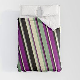 [ Thumbnail: Purple, Dark Sea Green, Light Yellow & Black Colored Lines/Stripes Pattern Comforter ]