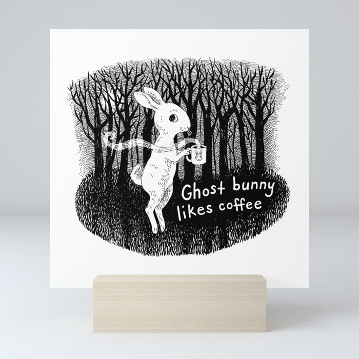 Ghost bunny likes coffee Mini Art Print