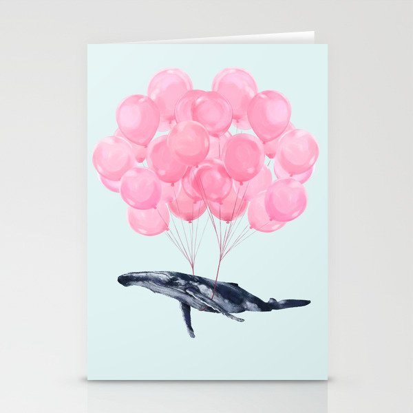 Flying Whale with Pink balloons #1 Stationery Cards