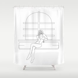 "Nudes by the Window" - Single Line Drawing of Nude Woman with Camera Shower Curtain