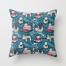 Hygge sloth // turquoise and red Throw Pillow