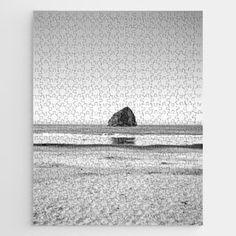 Pacific City Oregon Coast | Cape Kiwanda Sea Stack | Black and White Travel Photography Jigsaw Puzzle