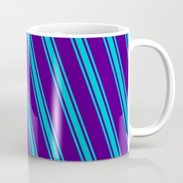 [ Thumbnail: Indigo and Dark Turquoise Colored Striped/Lined Pattern Coffee Mug ]