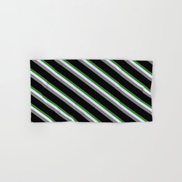 [ Thumbnail: Light Salmon, Forest Green, Lavender, Gray, and Black Colored Stripes/Lines Pattern Hand & Bath Towel ]