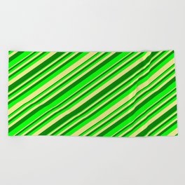 [ Thumbnail: Tan, Green & Lime Colored Stripes/Lines Pattern Beach Towel ]