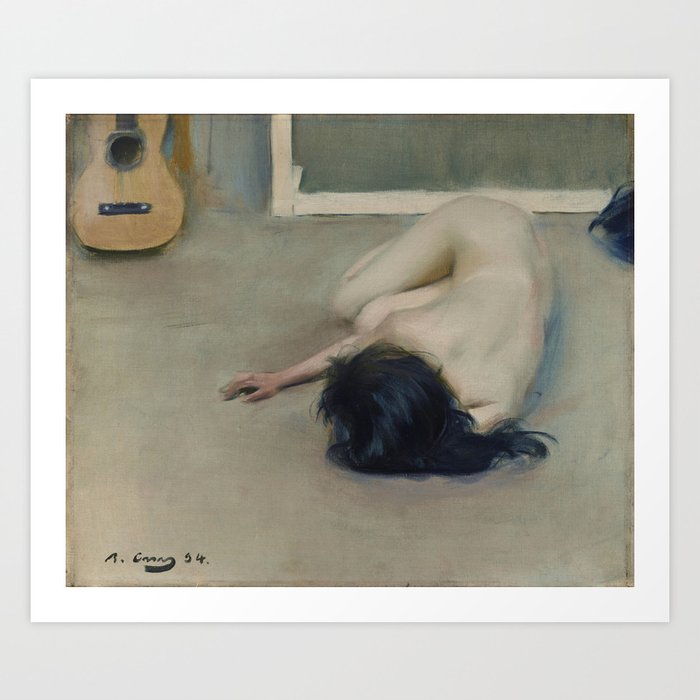 Ramon Casas | Nude with a guitar | reclining female nude portrait still life painting Art Print