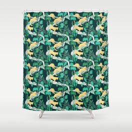 Wild cats with tropical Monstera  plants / green and gold Shower Curtain